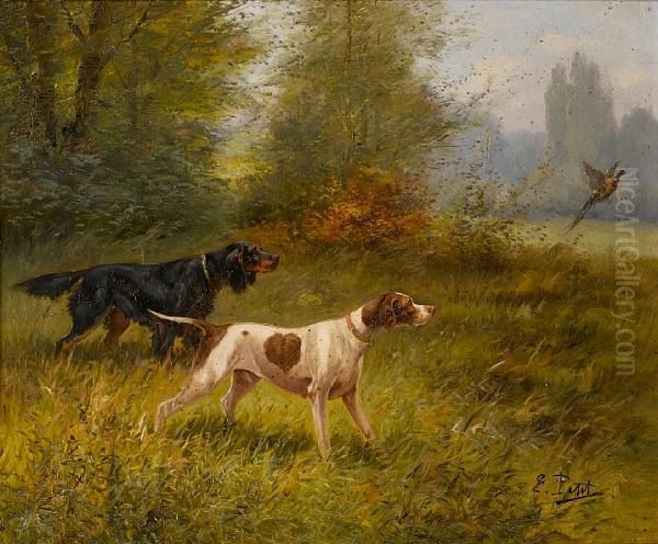 Two Setters Putting Up Game; A Pointer And A Setter Flushing A Pheasant Oil Painting by Eugene Petit