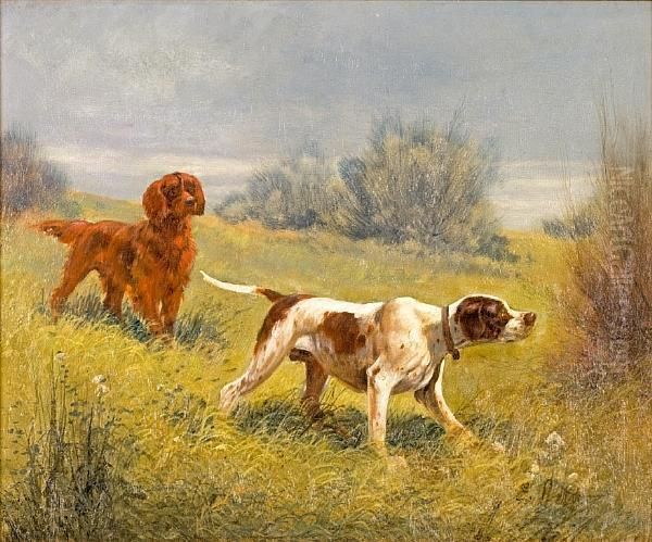 A Pointer And An Irish Setter In A Field Oil Painting by Eugene Petit