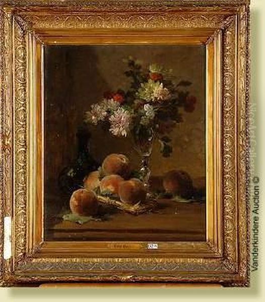 Nature Morte Aux Peches Et Aux Fleurs Oil Painting by Eugene Petit