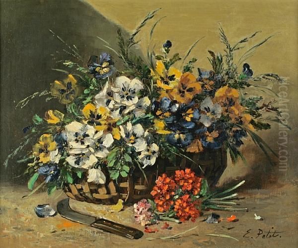 A Still Life With Flowers In A Basket Oil Painting by Eugene Petit