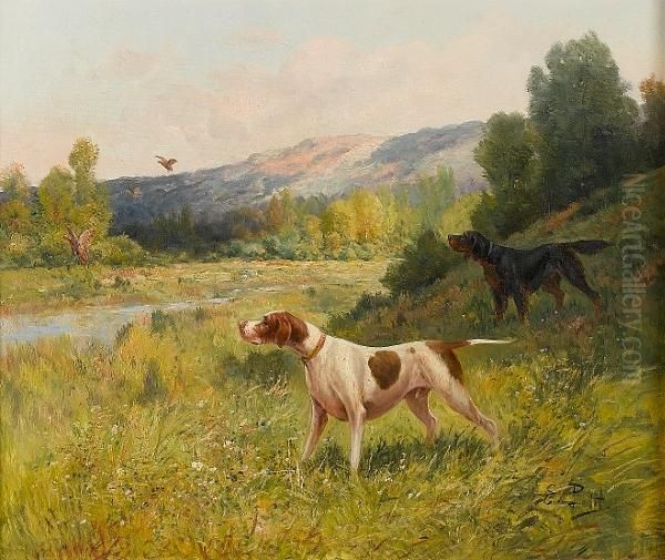 A Pointer And A Setter Putting Up Game Oil Painting by Eugene Petit