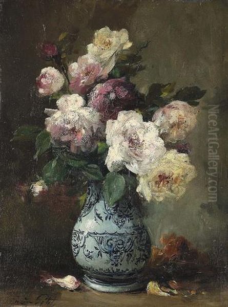 Stillleben Mit Rosen In Steingutvase. Oil Painting by Eugene Petit