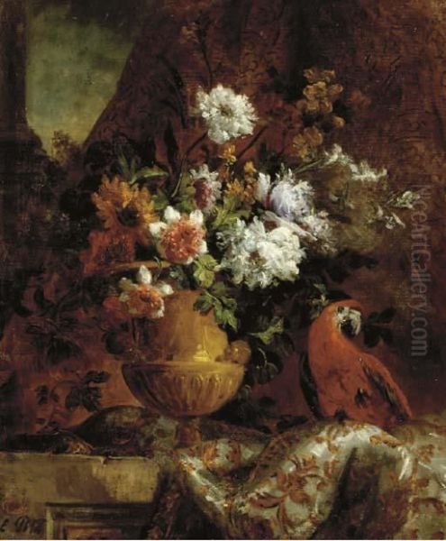 Flowers In An Urn And A Parrot On A Ledge Oil Painting by Eugene Petit