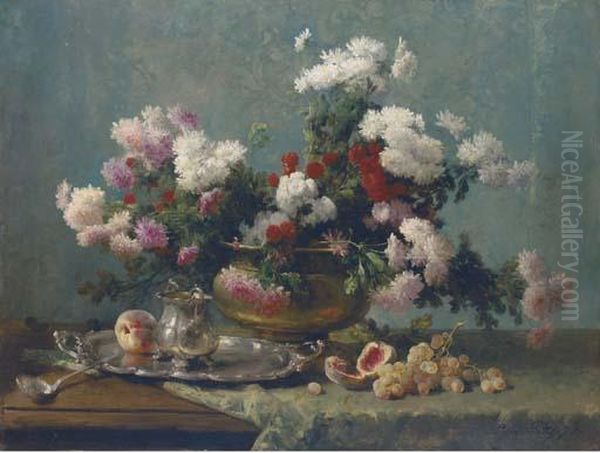 Chrysanthemums In A Brass Urn, And A Silver Tray And Jug On Adraped Table Oil Painting by Eugene Petit