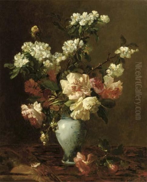 Blossom Branches And Peonies In A Vase Oil Painting by Eugene Petit