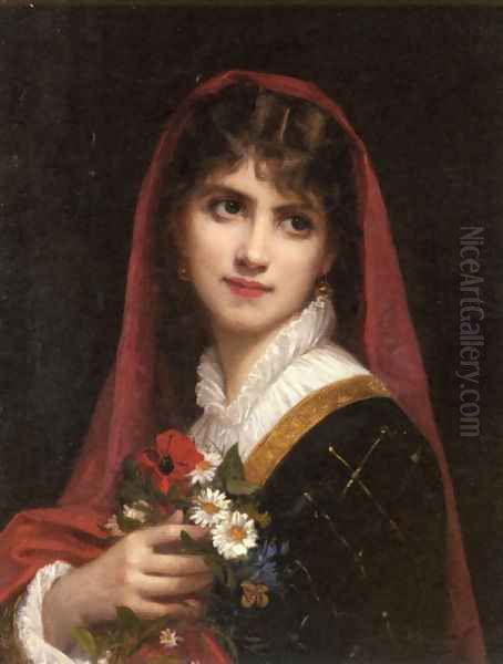 A Young Beauty wearing a Red Veil Oil Painting by Gustave Doyen