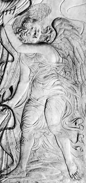 An angel drawing back a curtain Oil Painting by Agostino di Duccio