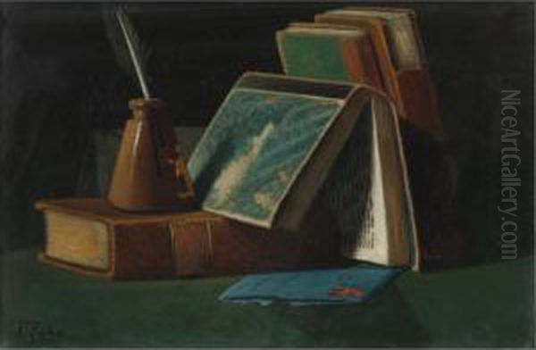 Books And Inkwell Oil Painting by John Frederick Peto