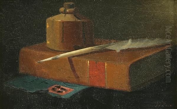 Inkwell, Quill And Book Oil Painting by John Frederick Peto