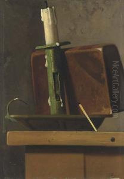 Sill Life With Candlestick, Book And Match Oil Painting by John Frederick Peto