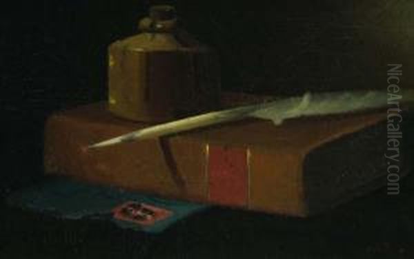 Still Life With Inkwell, Book & Quill Oil Painting by John Frederick Peto