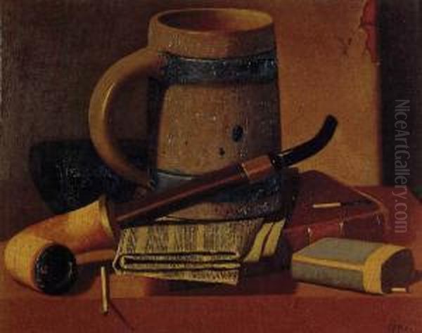 Still Life With Pipe, Beer Stein, Newspaper, Book And Matches Oil Painting by John Frederick Peto