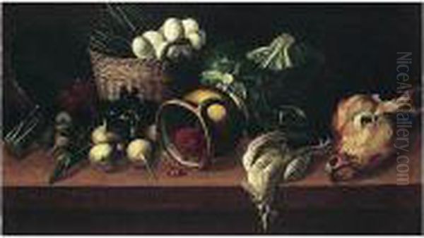 Still Life Of Eggs And Asparagus
 In A Wicker Basket, Together With Raspberries In An Upturned Jug, 
Turnips, Cabbages, Cherries, A Chicken And A Calf's Head, All Arranged 
Upon A Table Top Oil Painting by Astolfo Petrazzi