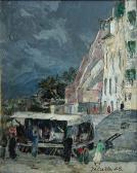 Piazza Del Mercato A Sanremo (temporale Imminente) Oil Painting by Vittorio Petrella Da Bologna