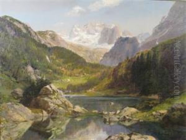 Alpine View With Mountain And Lake Oil Painting by Konrad Petrides