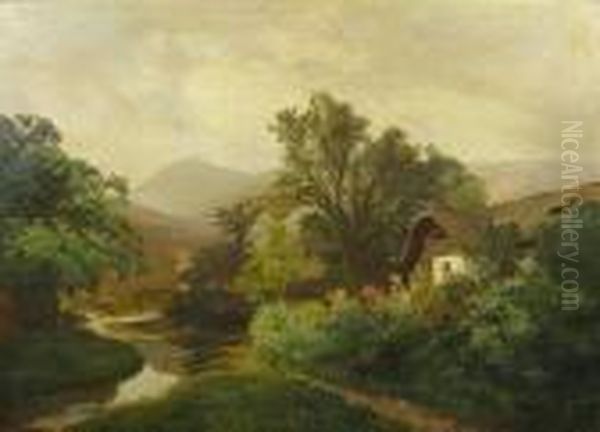 A Cottage By A Winding Stream Oil Painting by Konrad Petrides