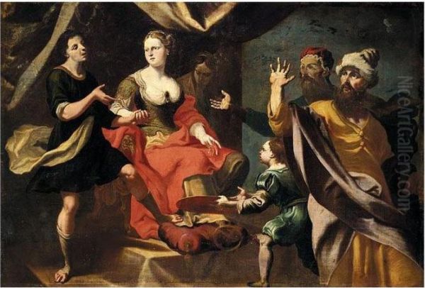 A Mythlogical Scene, Possibly Potiphar's Wife Accusing Joseph Before Her Husband Oil Painting by Giuseppe Antonio Petrini