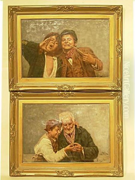 Coppia Di Scugnizzi - Nonno Con Nipote Oil Painting by Arturo Petrocelli