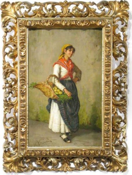 Italienische Zitronenverkauferin In Landesublicher Oil Painting by Arturo Petrocelli