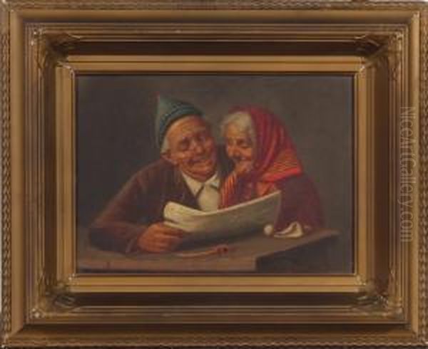 Genre Scene Of Old Manand Woman Reading Newspaper Oil Painting by Arturo Petrocelli