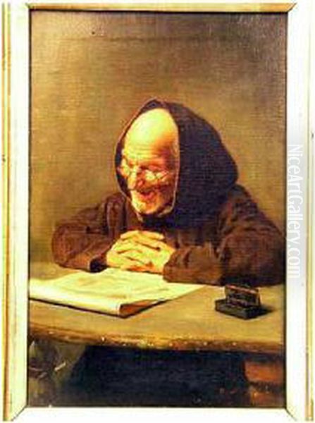 Study Of An Old Monk Reading At A Table Oil Painting by Arturo Petrocelli