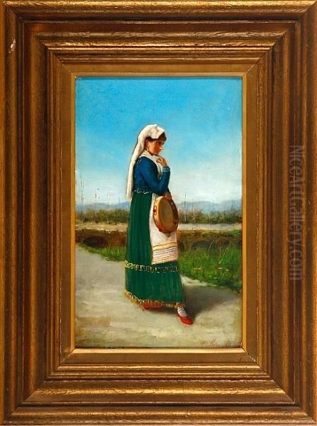 A Sunny Landscape With A Lady In A Traditional Costume. Signed. Dated 1881 Oil Painting by Arturo Petrocelli