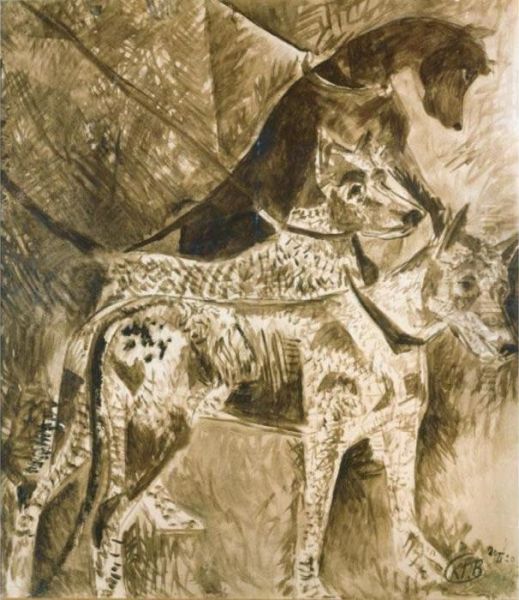 Three Dogs Oil Painting by Kuzma Sergievitch Petrov-Vodkin