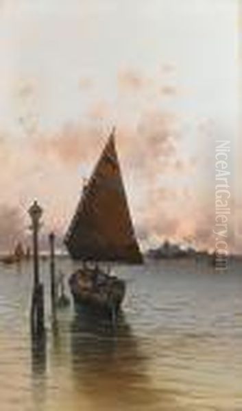 A Fishing Boat On The Venetian Lagoon With Santa Maria Della Salute In The Distance Oil Painting by Salvatore Petruolo