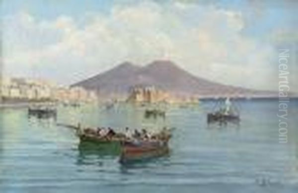 Fishing Boats In The Bay Of Naples, Vesuvius Beyond Oil Painting by Salvatore Petruolo