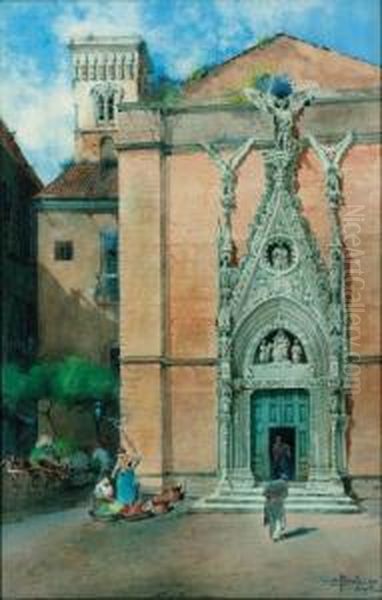 Figures Before A Church, Naples Oil Painting by Salvatore Petruolo