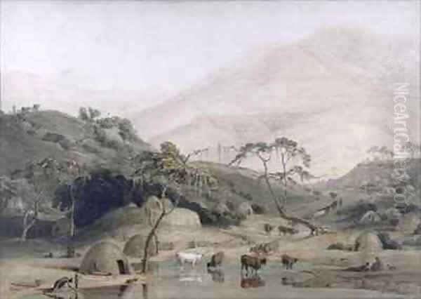 A Kaffir Village Oil Painting by Samuel Daniell