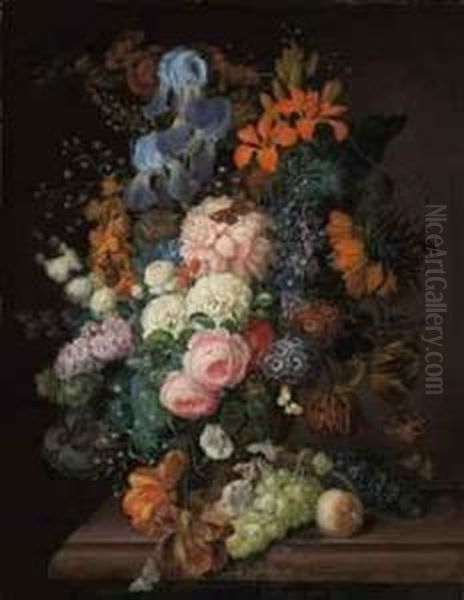 Roses, Peonies, Irises, Violets,
 And Other Blossoms In A Terracottaurn, And Grapes, Blackcurrants And A 
Peach On A Table Oil Painting by Franz Xaver Petter