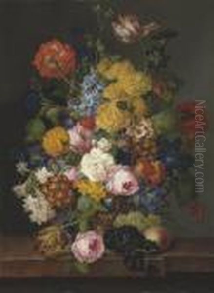 An Abundant Still Life With 
Spring And Summer Flowers In An Urn,with Fruit, On A Marble Ledge Oil Painting by Franz Xaver Petter