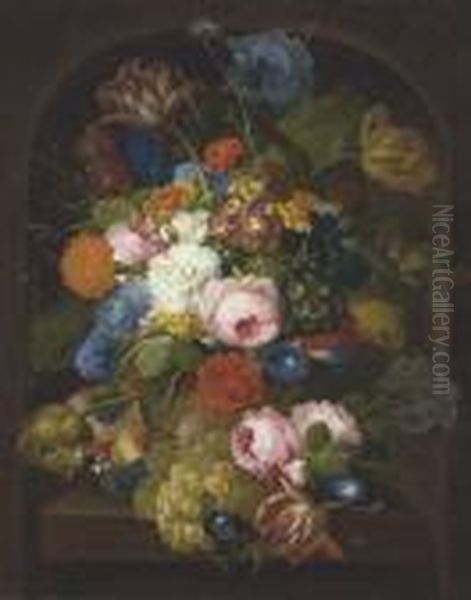 A Still-life Of Flowers With Grapes, Peaches And Plums On A Stoneledge In A Niche Oil Painting by Franz Xaver Petter