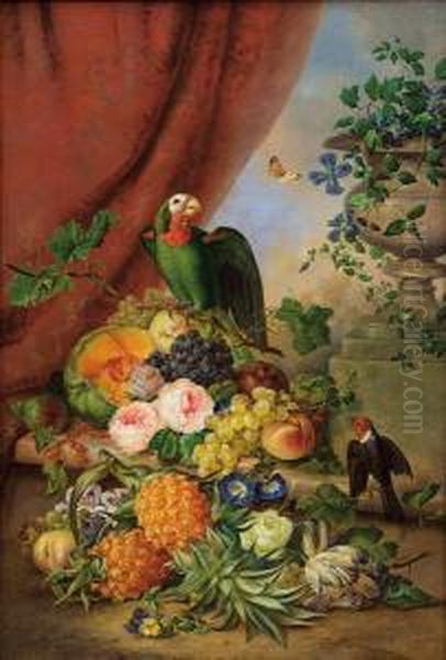 Groses Blumen- Und Fruchtestillleben Mit Papagei Oil Painting by Franz Xaver Petter