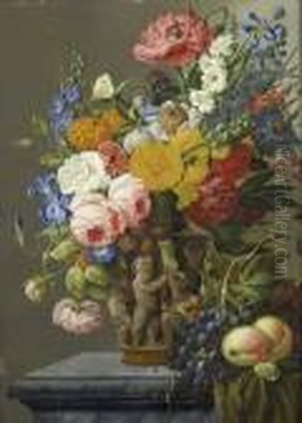 Bouquet De Fleurs Dans Un Vase Sur Un Entablement Oil Painting by Franz Xaver Petter