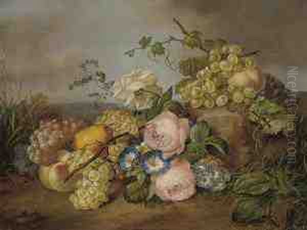 Grapes, Peaches And A Pear With Roses Oil Painting by Franz Xaver Petter