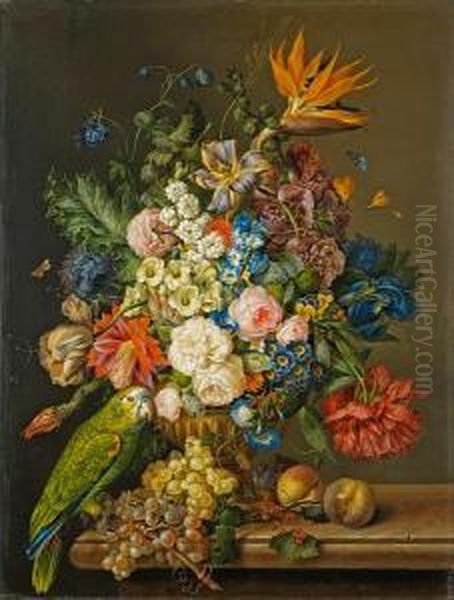 A Still Life Of Roses, Tulips, A
 Bird Of Paradise, And Other Flowers In An Urn, Beside A Green Parrot, 
Grapes And Peaches On A Marble Ledge; Also Oil Painting by Franz Xaver Petter