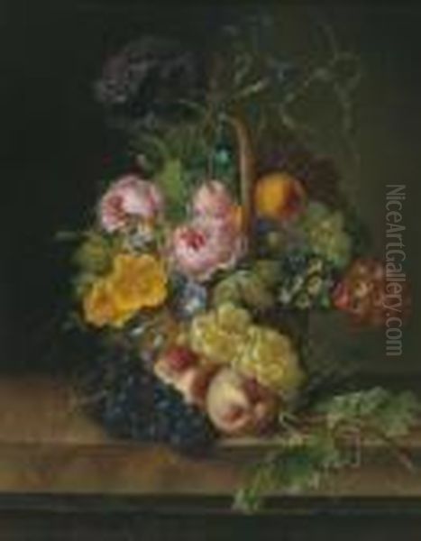 Natura Morta Con Cesto Di Fiori E Frutti Oil Painting by Franz Xaver Petter