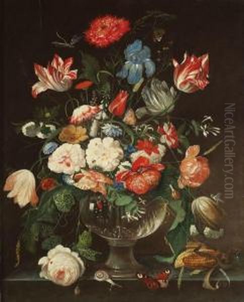 Blumenstilleben Mit Insekten Vor Dunklem Hintergrund In Der Art Der Hollandischen Oil Painting by Franz Xaver Petter