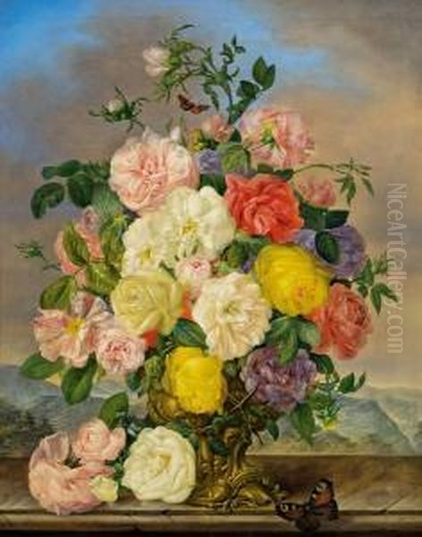 Blumenstilleben Mit Rosen Und Schmetterlingen Vor Einerlandschaft Oil Painting by Franz Xaver Petter