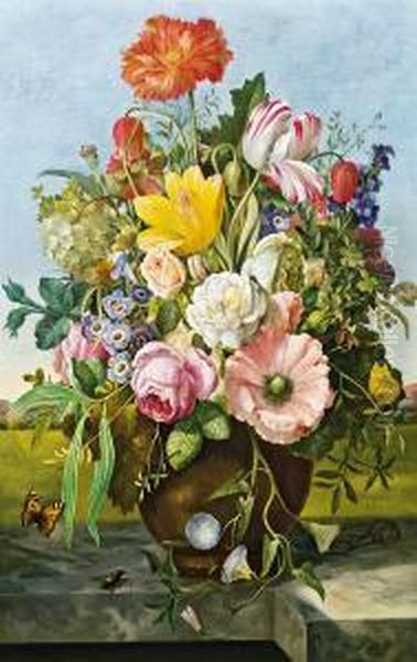 Blumenstilleben Mit Schmetterling, Kafer Und Schnecke Oil Painting by Franz Xaver Petter