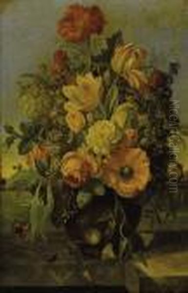 Elaborate Floral Bouquet On A Marble Ledge With A Landscape Beyond Oil Painting by Franz Xaver Petter