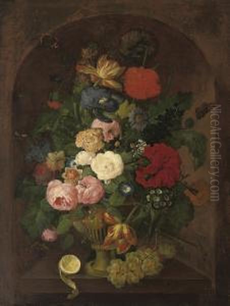 Roses, Poppies, Parrot Tulips, 
Primula, Convolvulus And Other Flowers In An Urn, With A Partly-peeled 
Lemon And Grapes, On A Stone Ledge, With A Red Admiral And Other 
Butterflies Oil Painting by Franz Xaver Petter