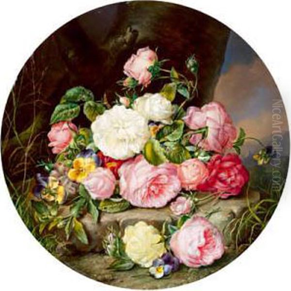 Quadro Di Fiori Con Rose E Viole Del Pensiero Oil Painting by Franz Xaver Petter