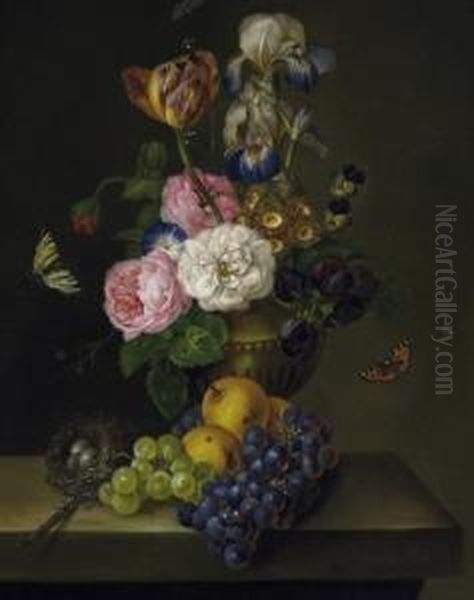 Still Life. A Vase With 
Spring-flowers Next To Grapes, Apples And A Birds' Nest On A Table 
Plate. Signed And Dated On The Plate: F. Petter 1812 Oil Painting by Franz Xaver Petter