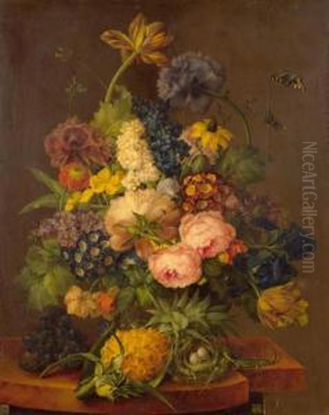 Floral Still Life With Pineapple And Bird's Nest On A Stone Plaque. Oil Painting by Franz Xaver Petter