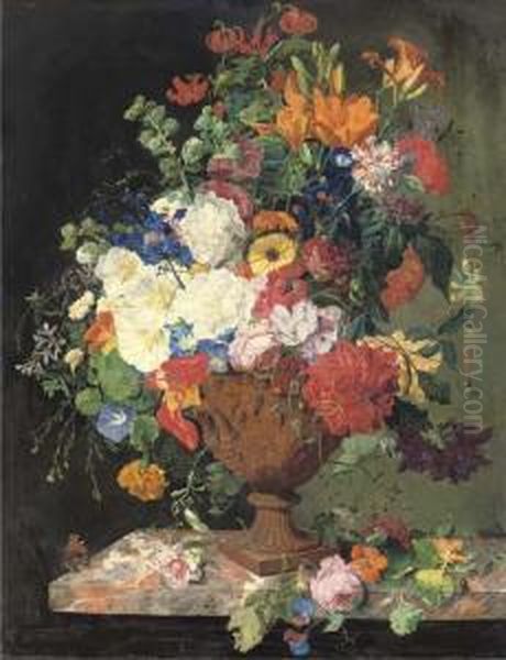 Lillies, Convolvuli, Carnations And Roses In An Urn On A Marble Ledge Oil Painting by Franz Xaver Petter