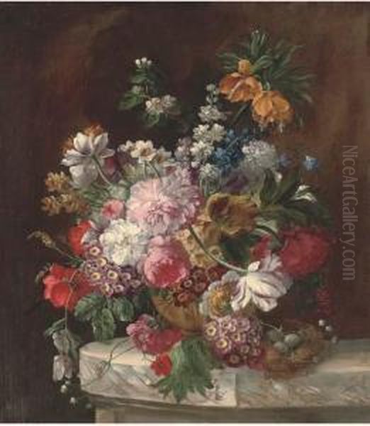 Roses, Tulips, Chrysanthemums, 
Narcissae And Other Summers Bloomsin An Urn By A Bird's Nest On A Marble
 Ledge Oil Painting by Franz Xaver Petter