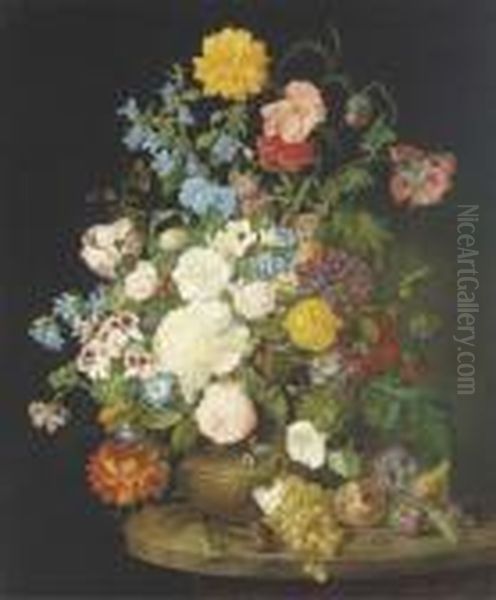 A Vase Of Camelias, Pansies, Dahlias, Roses And Poppies Oil Painting by Franz Xaver Petter